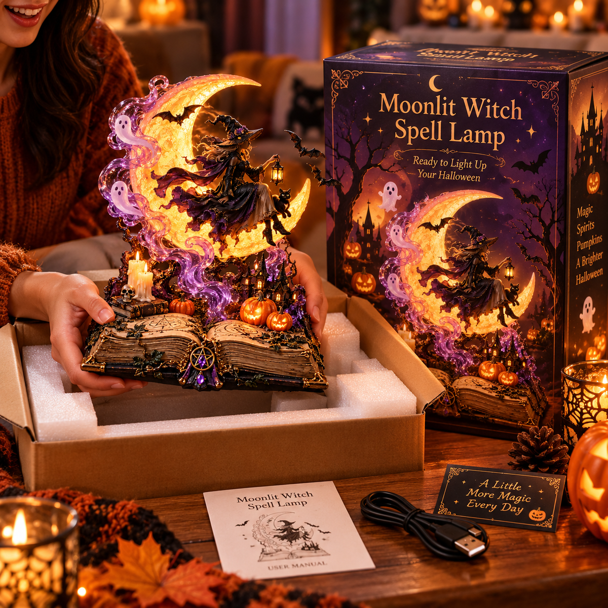 🌙🧙♀️ Moonlit Witch Spellbook™ – Magical Light-Up Crescent Moon with Enchanting Witch, Ghosts & Haunted Halloween Scene 🎃✨