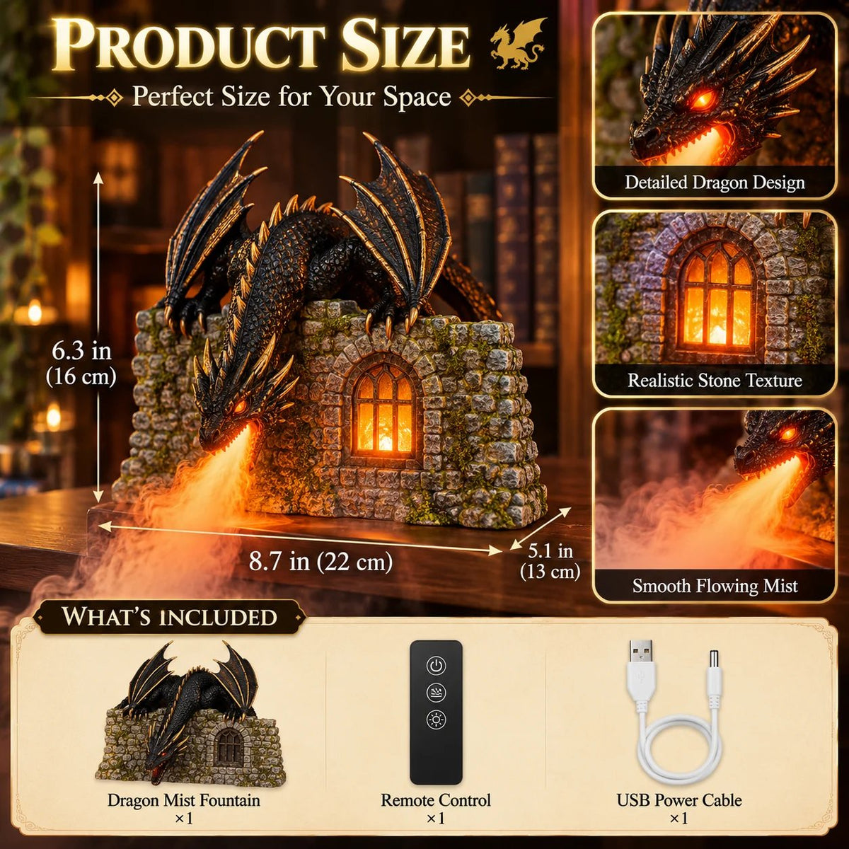 ๐ Dragon Mist Diffuser โ Glowing Fire-Breathing Fantasy Bookshelf Decor