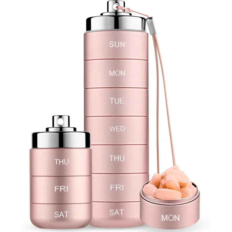 💊 7-Day Stackable Metal Pill Organizer – Detachable Daily Compartments with Screw Closures & Carry Strap