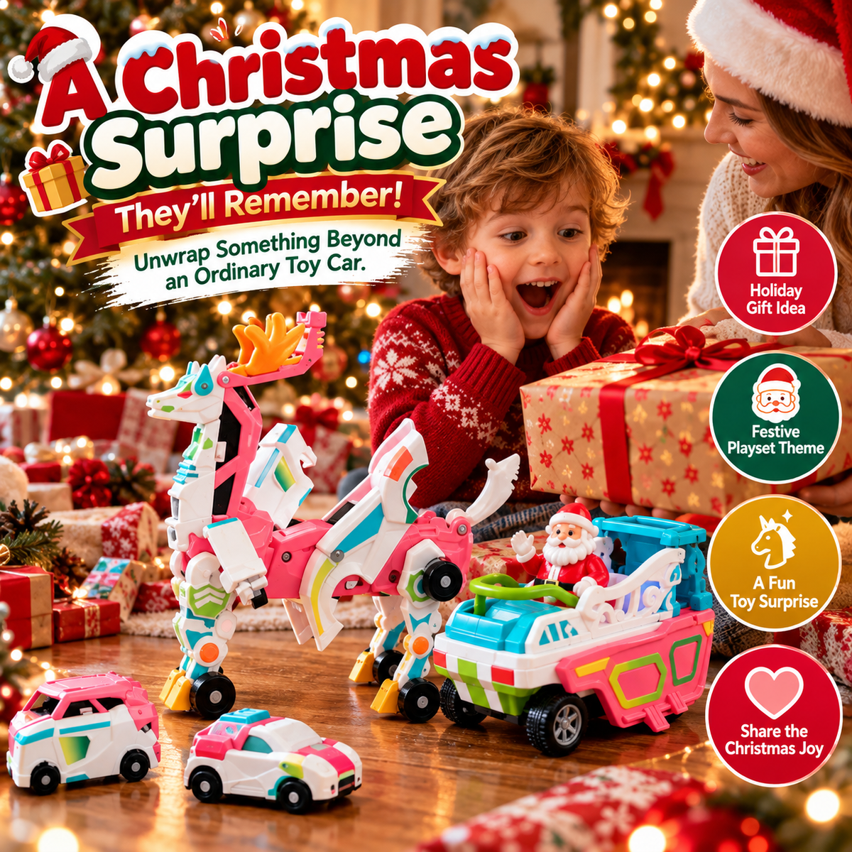 2-in-1 Transforming Christmas Unicorn & Santa Sleigh โ Magical Vehicle Transformation Toy & Holiday Gift ๐