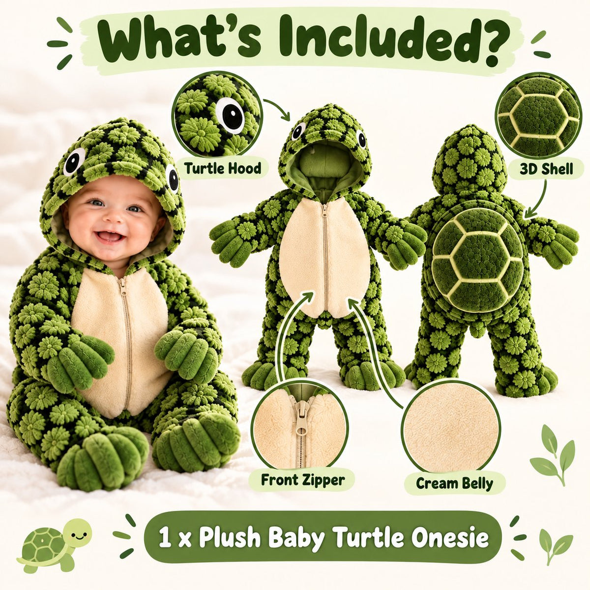 π’ Little Turtle Plush 3D Shell Baby Onesie β Cute Hooded Cozy Romper