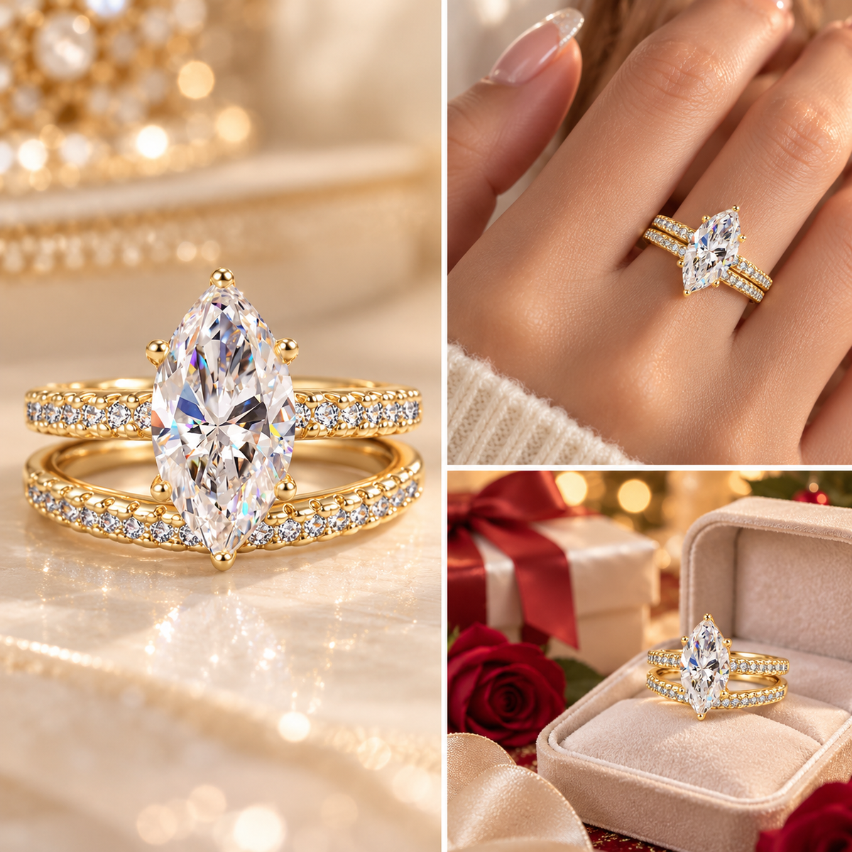 π Marquise Sparkle Ring Set β Elegant Two-Piece Gold-Tone Statement Jewelry β¨