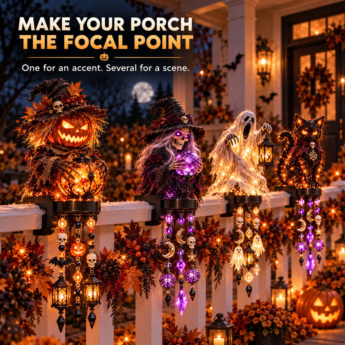 🔥HOT SALE🔥🎃 Halloween Character Glow Cascade Railing Lights – Pumpkin, Witch, Ghost & Black Cat