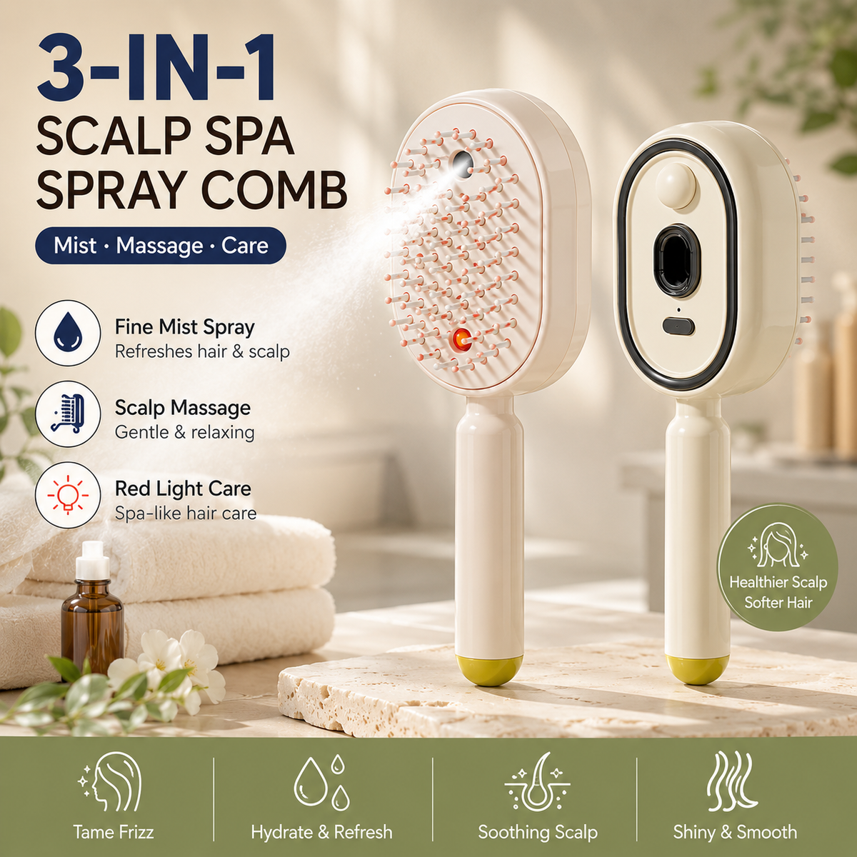 ๐ 3-in-1 Scalp Spray Massage Comb โ Fine Mist Hair Brush with Red Light & Easy-Clean Design