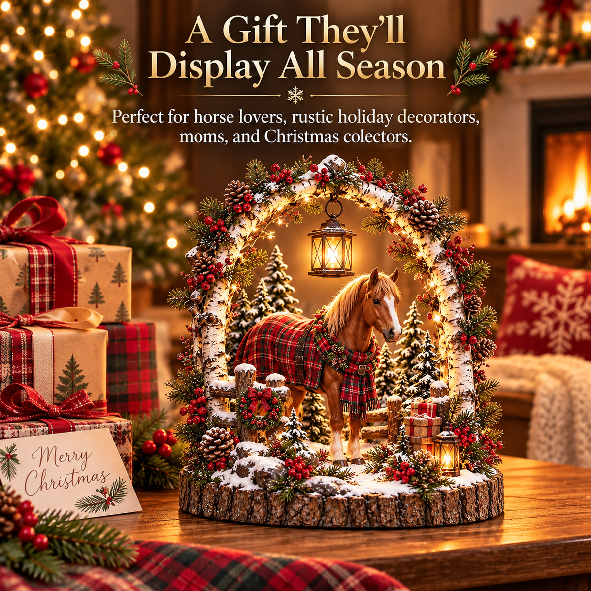 🐴🎄 Christmas Horse Lantern Scene – Cozy Winter Farmhouse Table Decor
