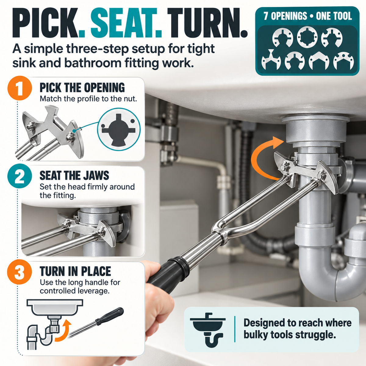 π§ 7-Opening Universal Sink & Bathroom Wrench β Stainless Steel Multi-Size Plumbing Tool for Tight Spaces