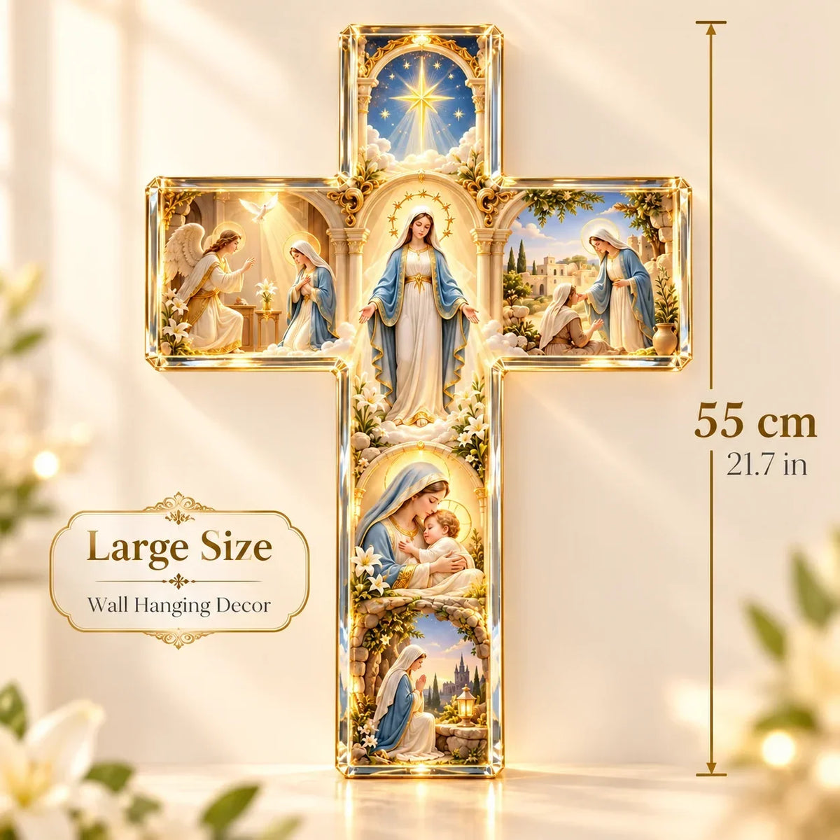 ✨ Mary’s Sacred Journey – Illuminated 6-Scene Cross✝️