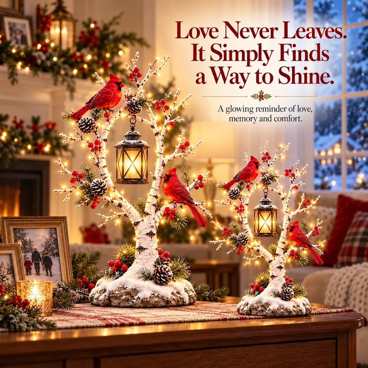 š„Cardinal Winter Lantern Tree⢠ā Lighted Snowy Birch Tree with Red Cardinals & Hanging Lantern āØ