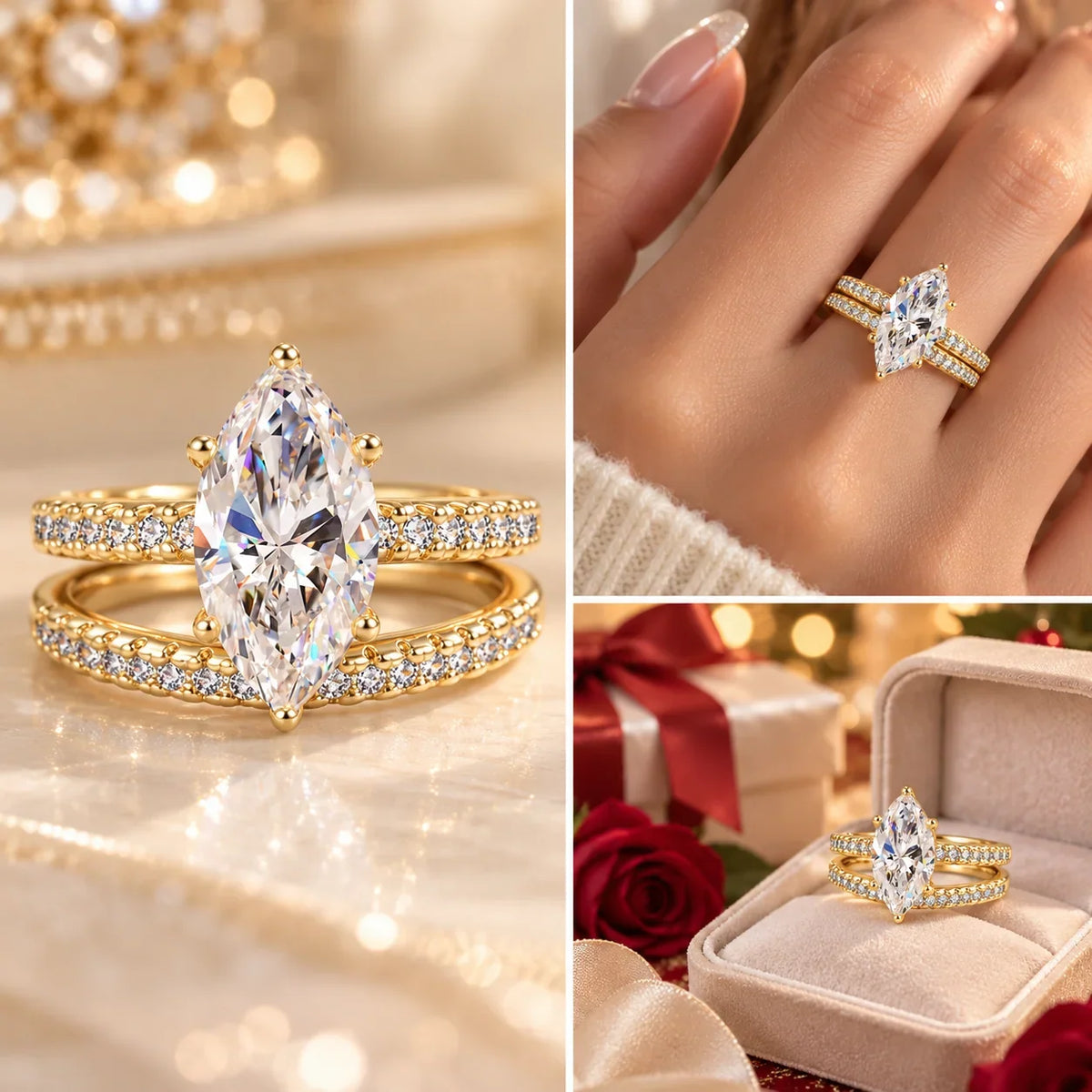 π Marquise Sparkle Ring Set β Elegant Two-Piece Gold-Tone Statement Jewelry β¨