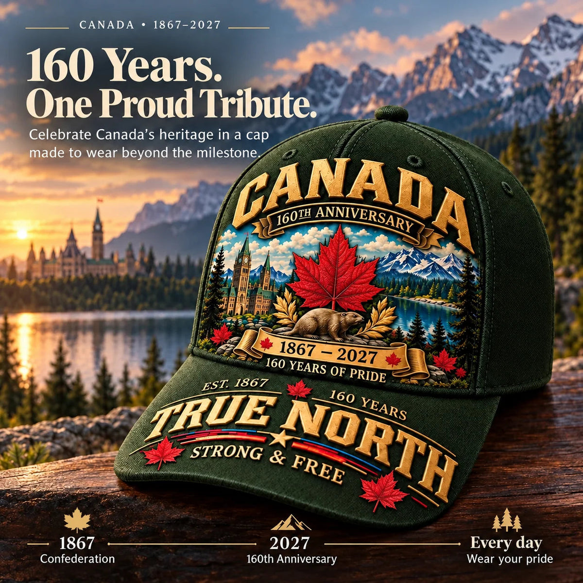 49% OFF - Canada 160th Anniversary 1867–2027 – Premium Heritage Cap | Cotton-Poly Blend • Detailed Embroidery • Adjustable Fit