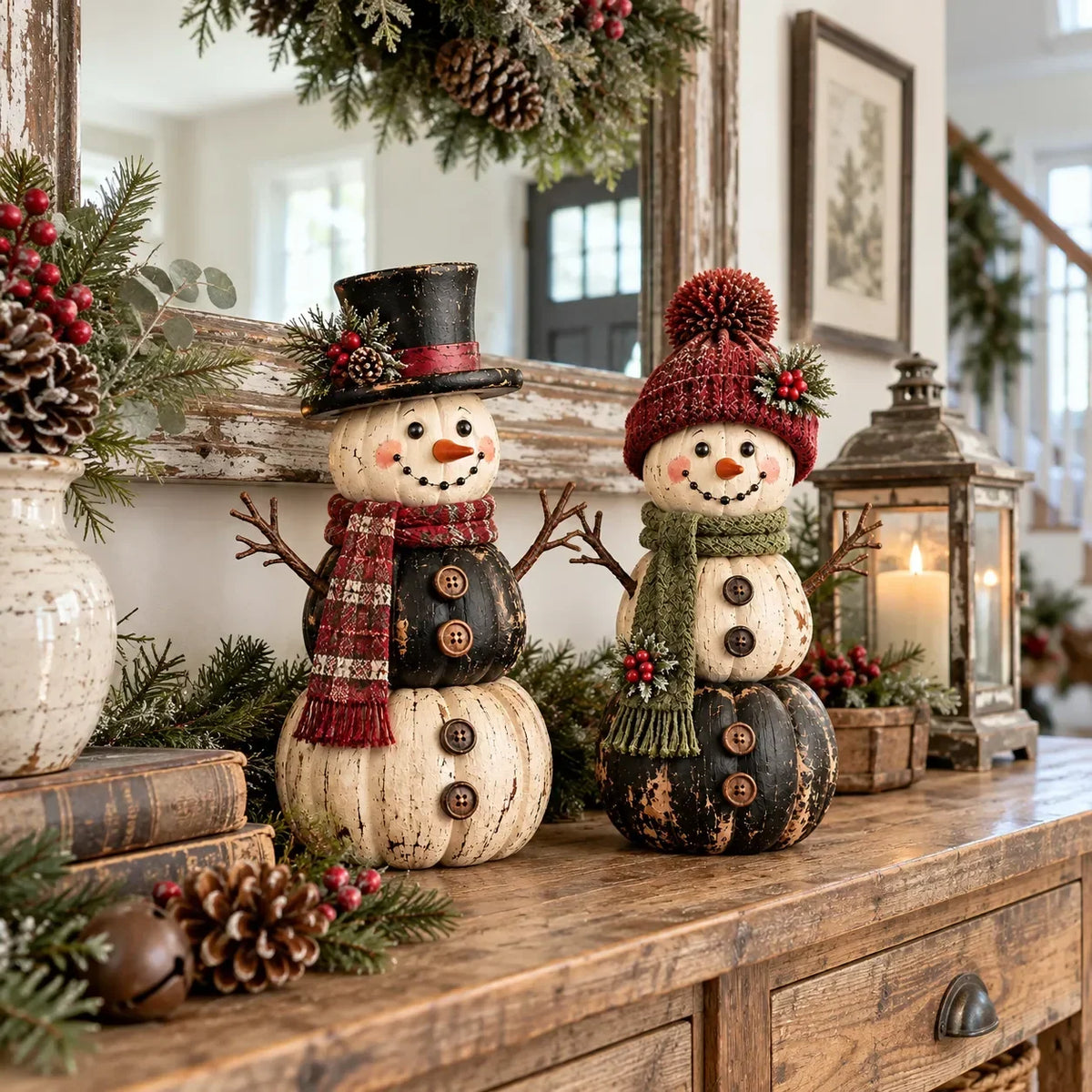 ☃️ Vintage Pumpkin Snowman Duo – Rustic Black & Ivory Farmhouse Christmas Decor