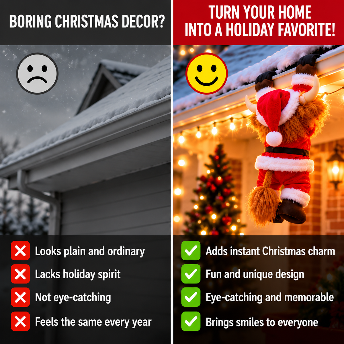 🎅🐮 Climbing Highland Cow™ – Animated Christmas Roof Climber | Adorable Santa Cow Holiday Hanging Decoration