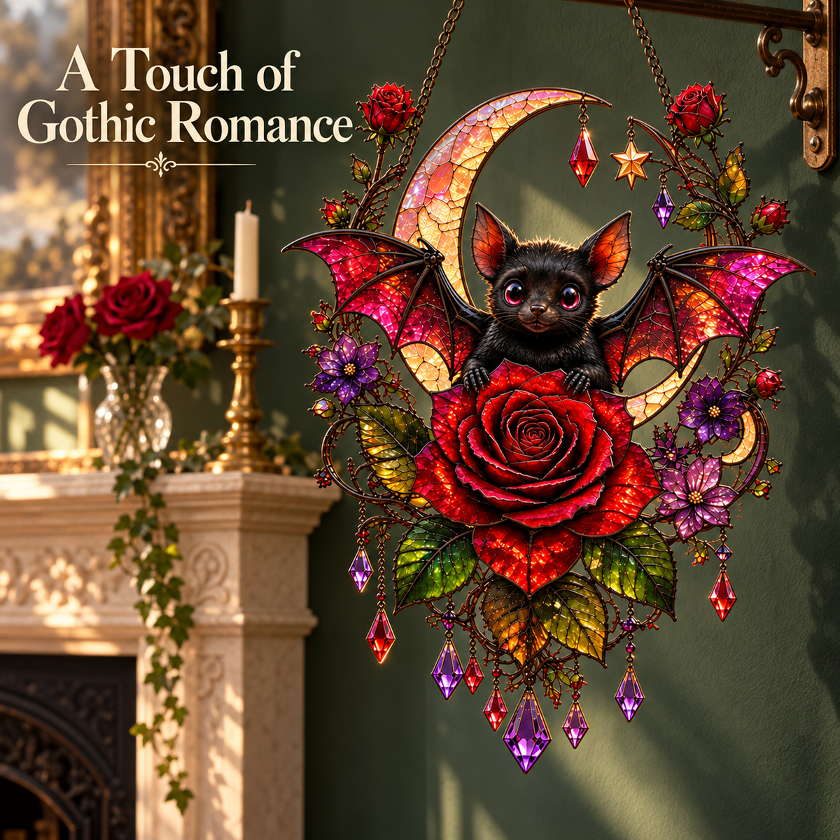 π¦πΉ Midnight Romance β Gothic Bat & Rose Crescent Moon Window Suncatcher β¨