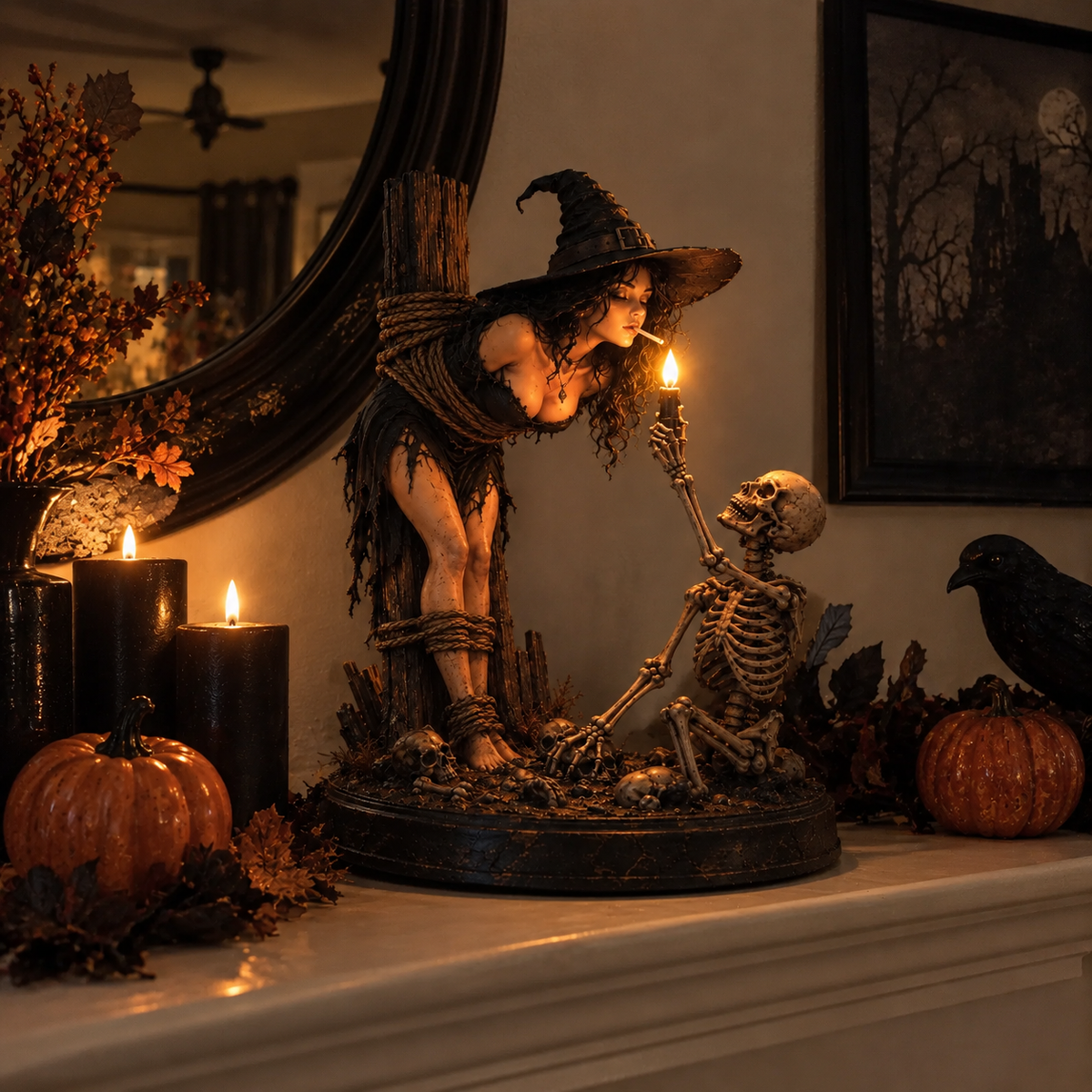 Witch & Skeleton Candle Scene Figurine β Gothic Halloween Tabletop Decor