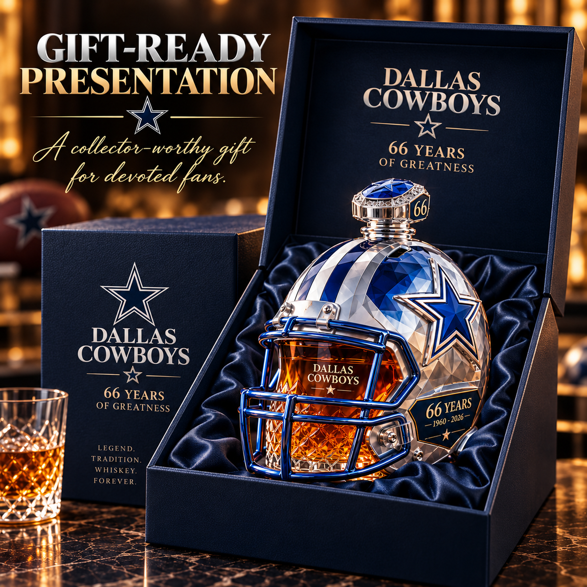 ππ DALLAS Football 66th Anniversary Helmet Decanter β 1960β2026 Silver & Blue Star Commemorative Bottle