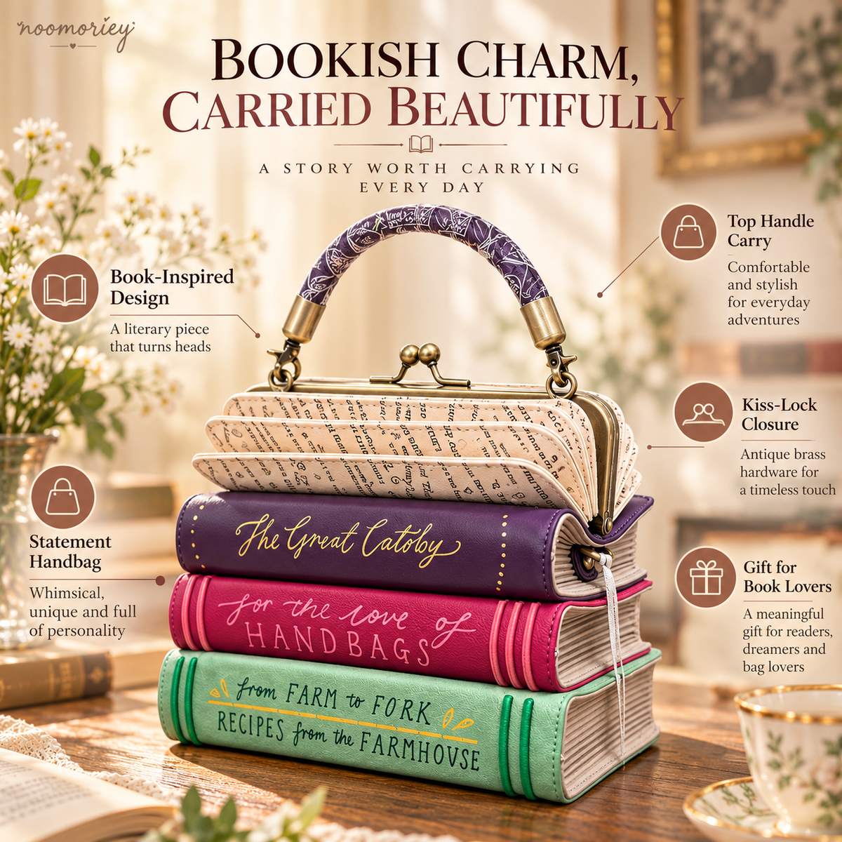 Book Stack Handbag β Vintage-Inspired Book-Shaped Top Handle Purse, Unique Gift for Book Lovers