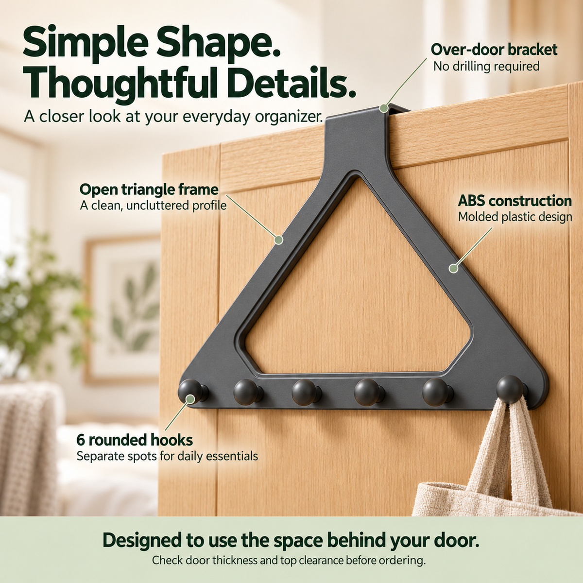 πͺ Over-the-Door 6-Hook Organizer β No-Drill Triangle Rack for Clothes, Towels, Hats & Bags