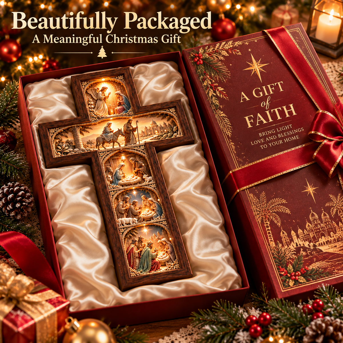 ✝️ The Story of Christmas Illuminated Cross – 5 Biblical Scenes, 3D Nativity Wall Decor 🎄