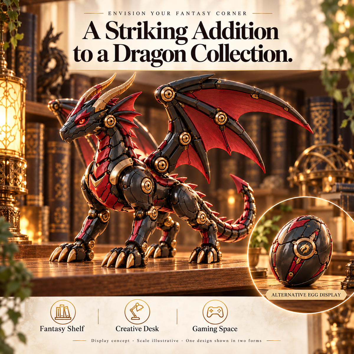 ๐LAST DAY 49% OFF | ๐ Mechanical Dragon Egg โ Black & Crimson Dragon with Folding Wings & Armored Details