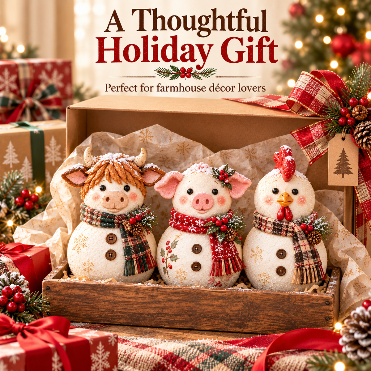 🐮 Farm Animal Snowman Trio – Highland Cow, Pig & Chicken Christmas Decorations with Rustic Tray