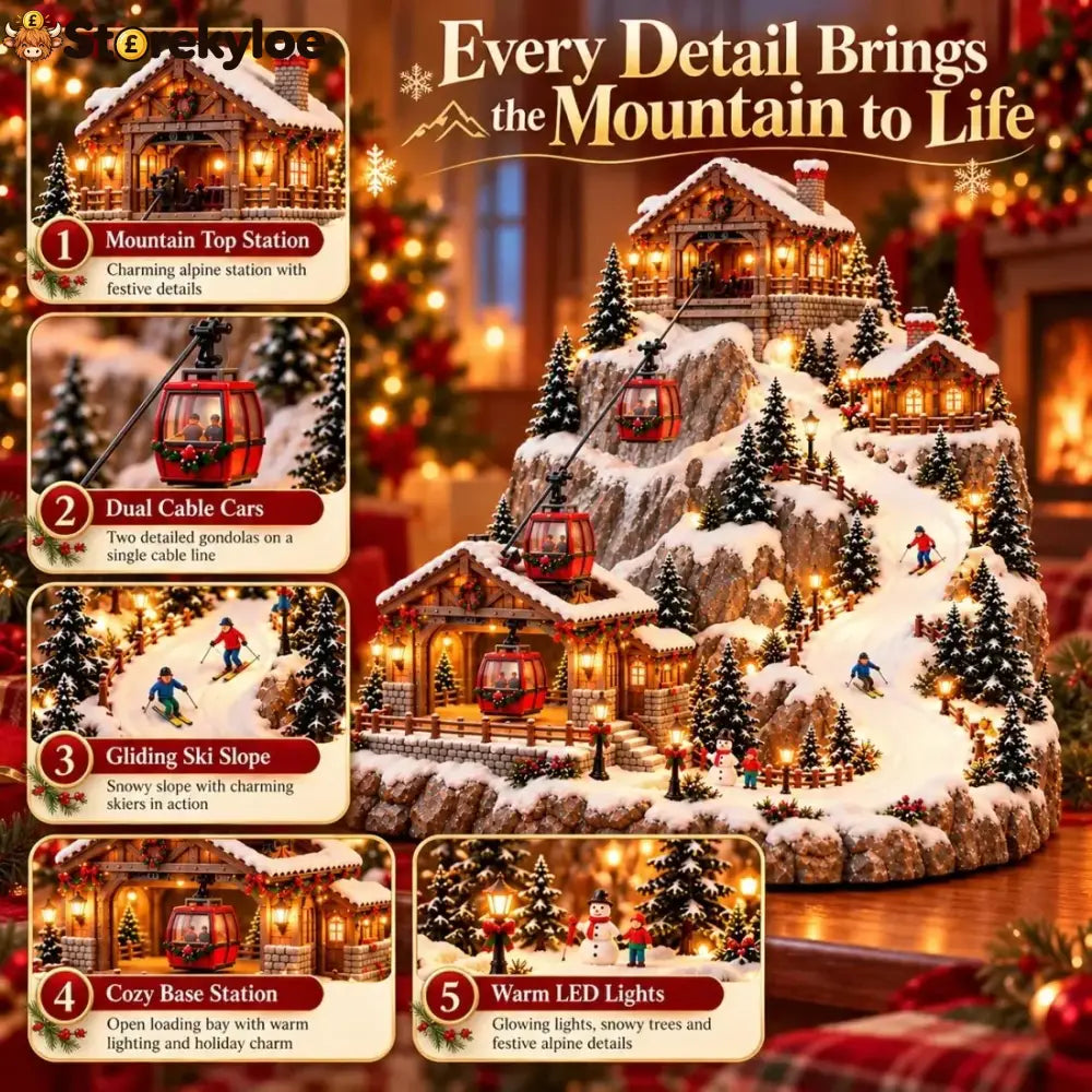 ❄️Animated Christmas Mountain Cable Car & Ski Village Scene ✨