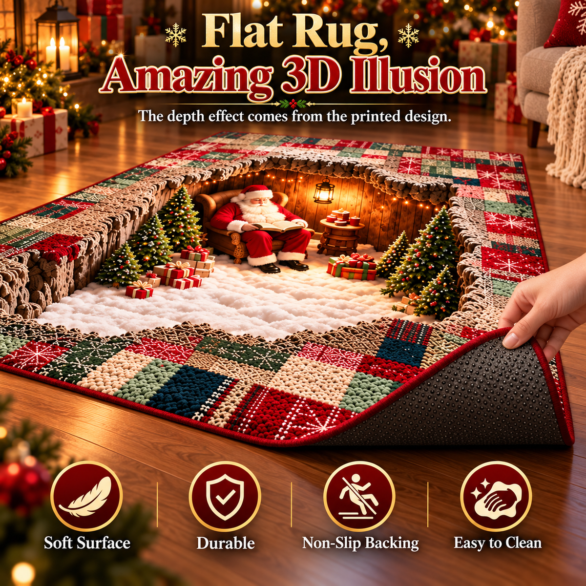 ๐
3D Optical Illusion Christmas Village Rug โ Hidden Santa Winter Wonderland โจ