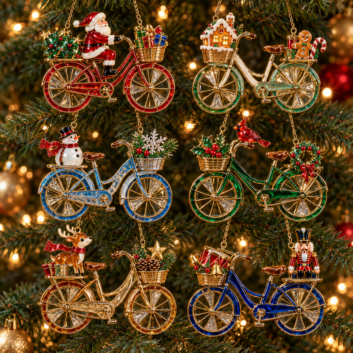 ๐ 2026 Vintage Stained Glass Christmas Bicycle Ornaments โ Set of 6