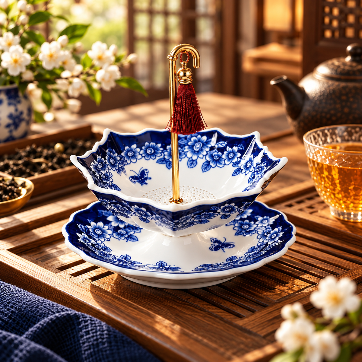 ☂️ Porcelain Umbrella Tea Infuser with Matching Saucer – Charming Ceramic Strainer for Loose Leaf Tea