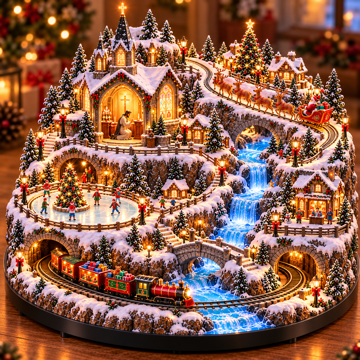 π₯ LAST DAY 49% OFF π₯ Lighted Animated Christmas Village with Train, Reindeer Sleigh & Waterfall β¨