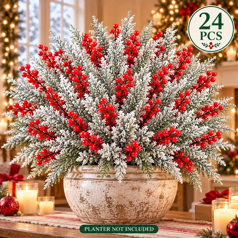 🎄🎅Artificial Frosted Christmas Pine-Cedar Stems with Red Berries, Snowy Evergreen Picks for Holiday Vase Decor