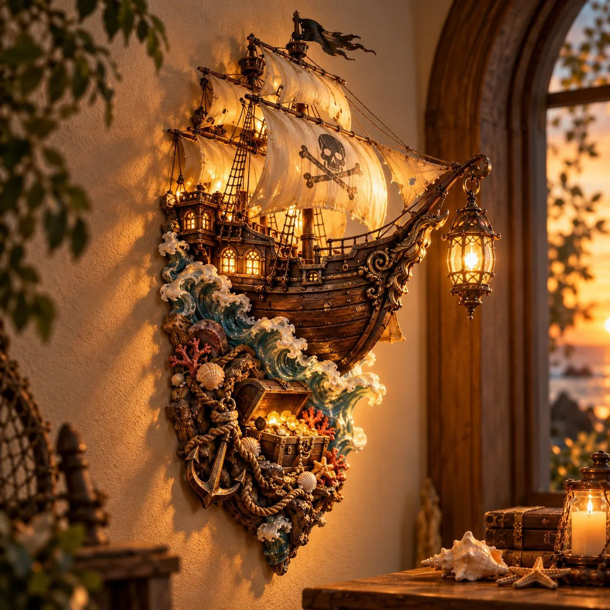 🔥Buy 2 Get 20% OFF🔥🏴☠️⛵🔥 Illuminated Pirate Ship Wall Lantern | Glowing Ghost Ship & Treasure Chest Sculpture, Nautical Fantasy Coastal Wall Décor