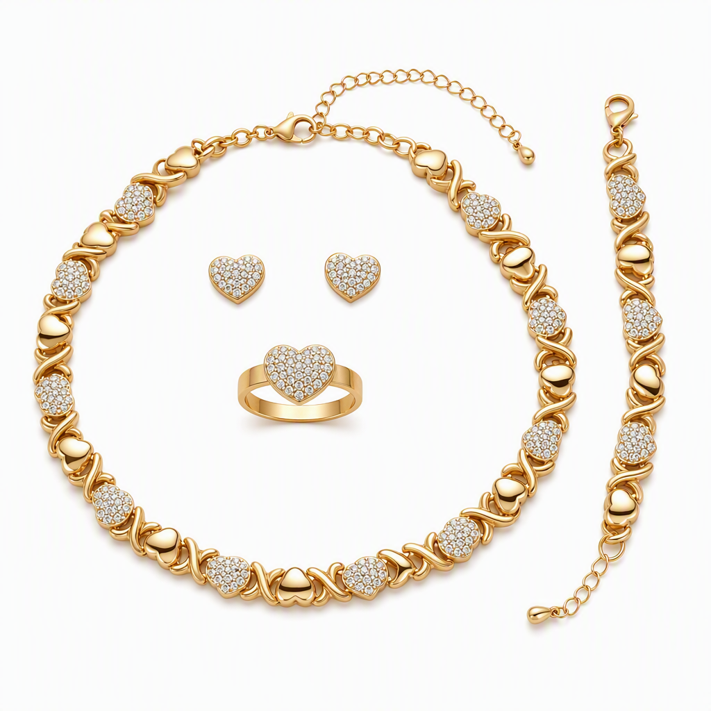 π 50% OFF! β¨ Gold Plated Heart Shaped Rhinestone Jewelry 4-Piece Set β Necklace, Earrings, Bracelet & Ring β Brilliant Crystal Shimmer for Red-Carpet Elegance π