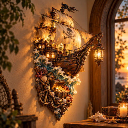 🏴‍☠️⛵🔥 Illuminated Pirate Ship Wall Lantern | Glowing Ghost Ship & Treasure Chest Sculpture, Nautical Fantasy Coastal Wall Décor