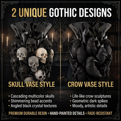💎💀Gothic Skull & Crow Resin Vase- Halloween Dark Decor Vase