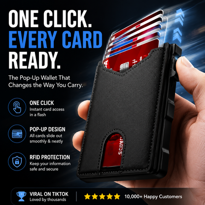 Genuine Leather RFID Blocking Pop-Up Wallet – Premium Aluminum Frame, One-Second Card Eject, Ultra-Slim Design