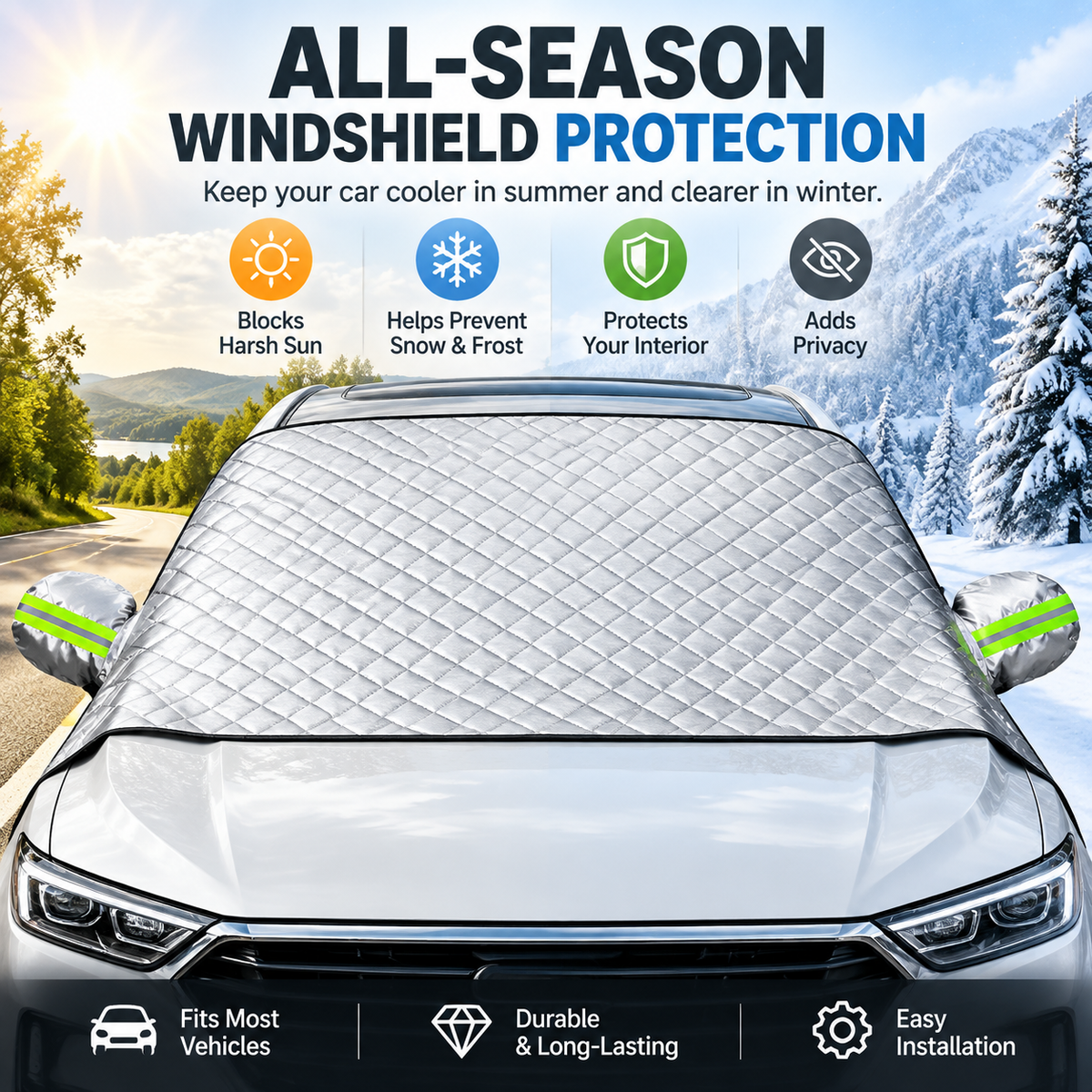 🚗 No More Scraping or Scorching – Magnetic Windshield Cover for Sun, Snow & Frost, Fits Cars, SUVs & Trucks