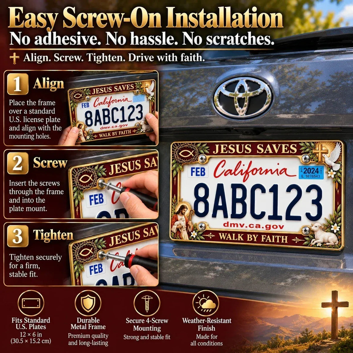 ✝️ Walk by Faith, Wherever You Go – Jesus Saves 3D Metal License Plate Frame