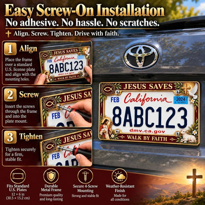 ✝️ Walk by Faith, Wherever You Go – Jesus Saves 3D Metal License Plate Frame