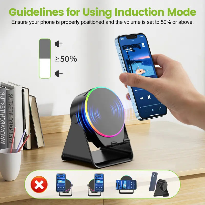🔊 5-in-1 Wireless Induction Bluetooth Speaker Stand – 360° Rotating Phone Holder with LED Light