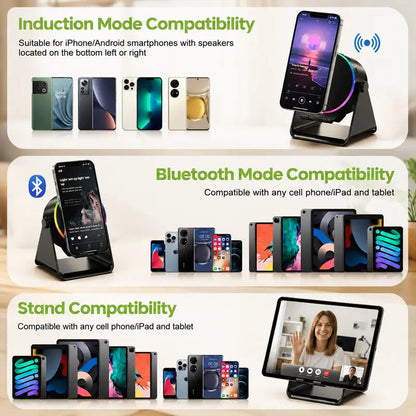 🔊 5-in-1 Wireless Induction Bluetooth Speaker Stand – 360° Rotating Phone Holder with LED Light