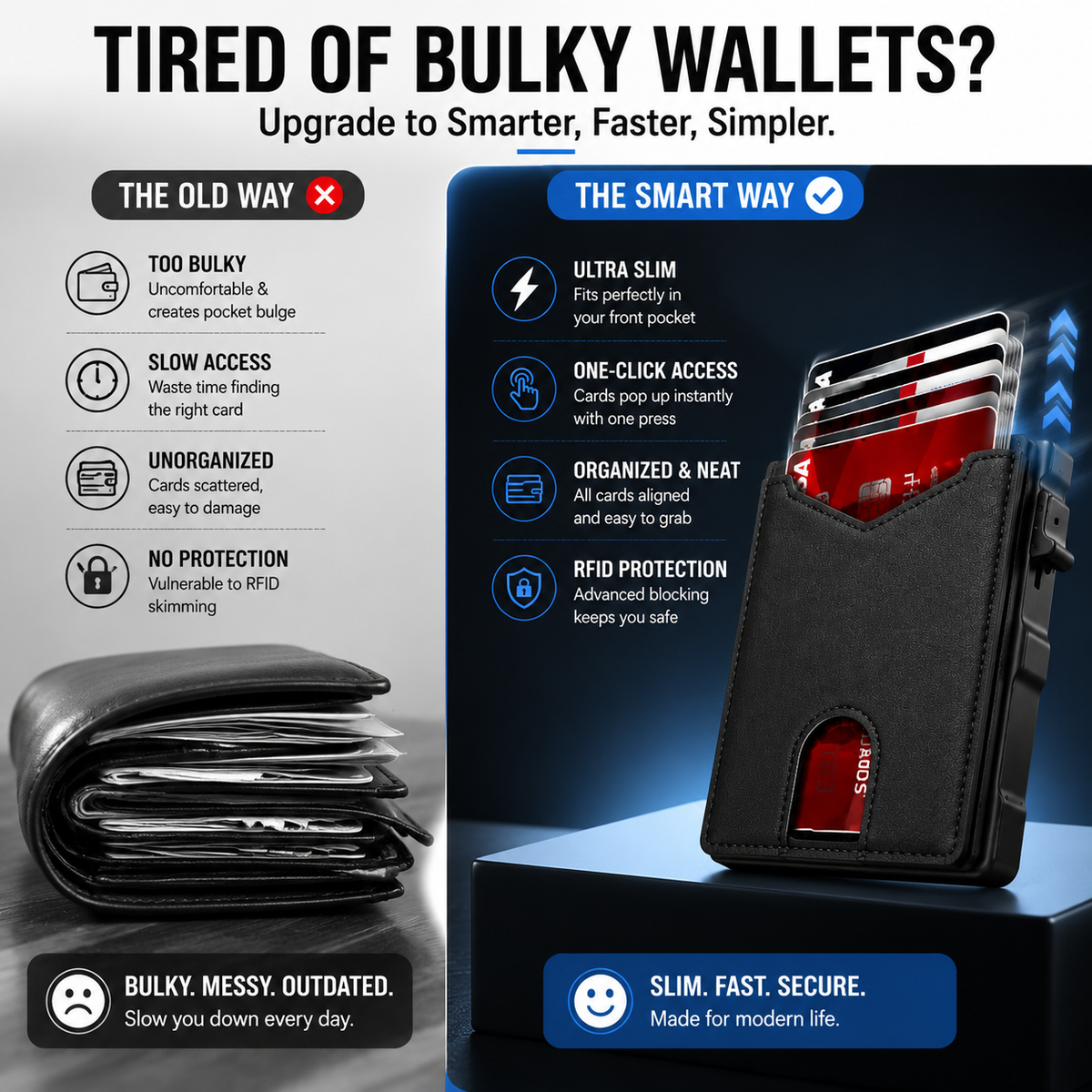Genuine Leather RFID Blocking Pop-Up Wallet – Premium Aluminum Frame, One-Second Card Eject, Ultra-Slim Design