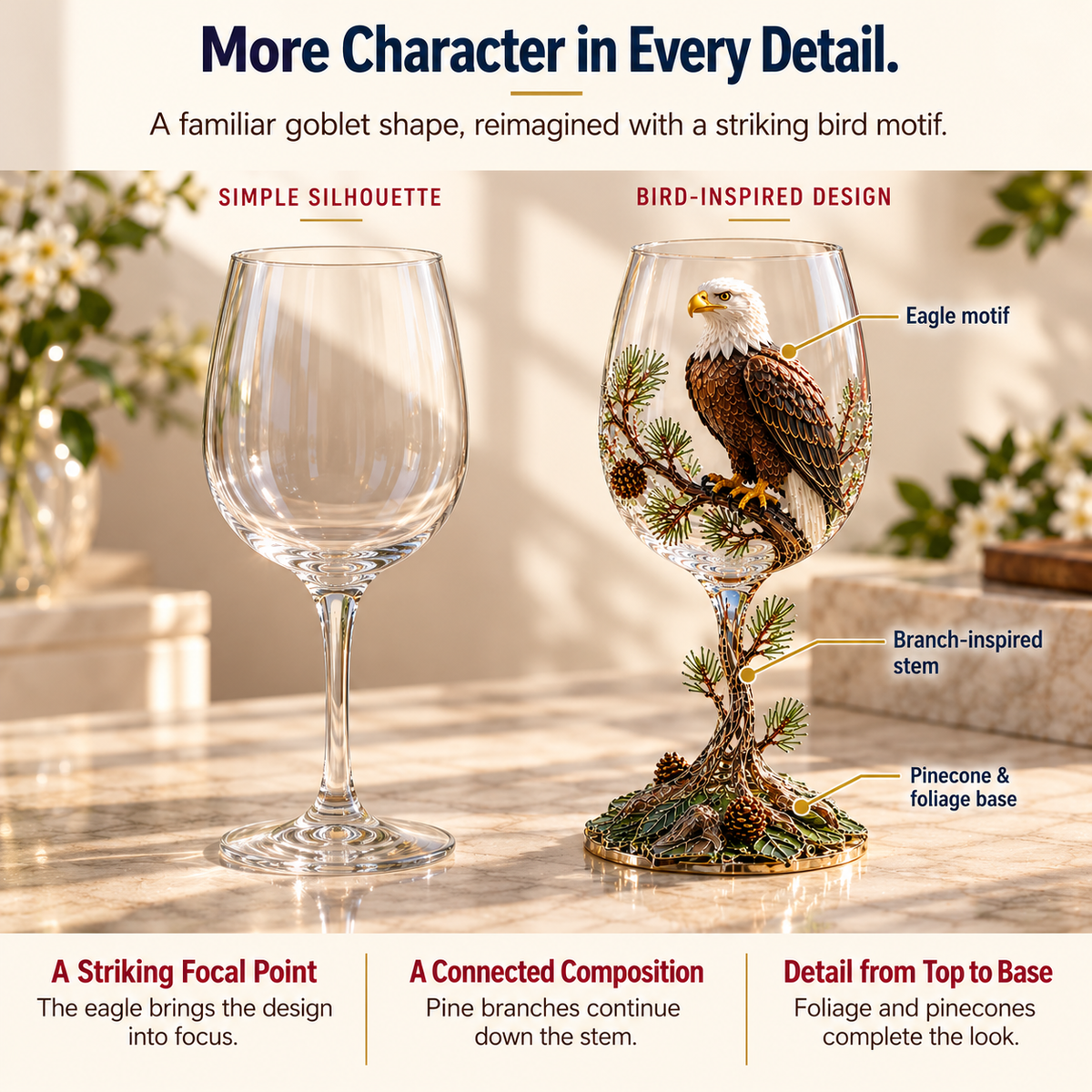 🦅 LIMITED TIME DEAL! Bald Eagle Decorative Goblet – Unique Eagle Bird Figurine Cup with Pinecone Details, Nature Inspired Home Decor & Collectible Gift