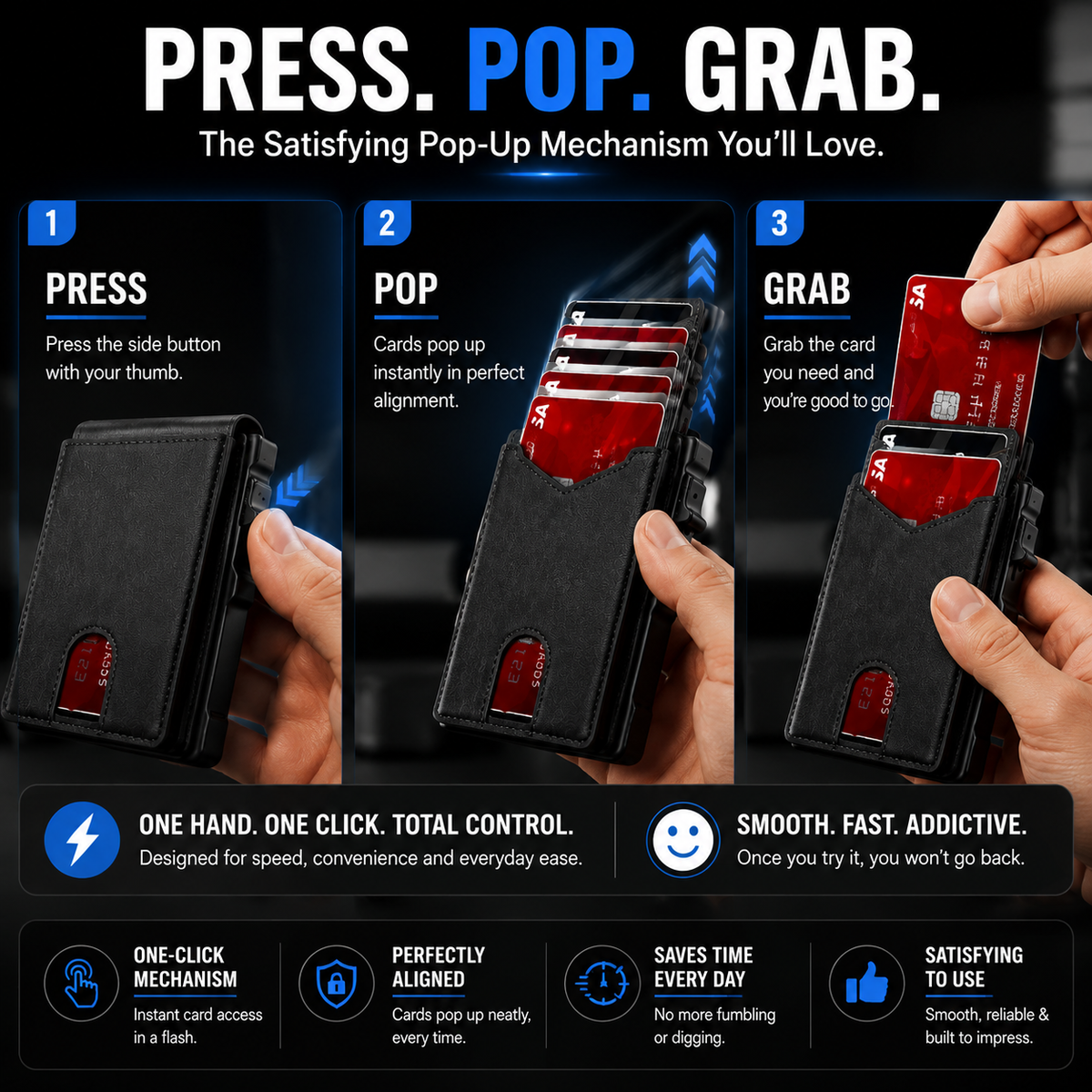Genuine Leather RFID Blocking Pop-Up Wallet – Premium Aluminum Frame, One-Second Card Eject, Ultra-Slim Design