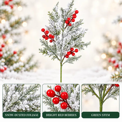 🎄🎅Artificial Frosted Christmas Pine-Cedar Stems with Red Berries, Snowy Evergreen Picks for Holiday Vase Decor
