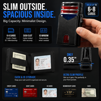 Genuine Leather RFID Blocking Pop-Up Wallet – Premium Aluminum Frame, One-Second Card Eject, Ultra-Slim Design