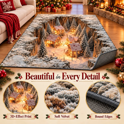 🎄 Optical Illusion Christmas Village Rug – Hidden Winter Scene Floor Decor ✨