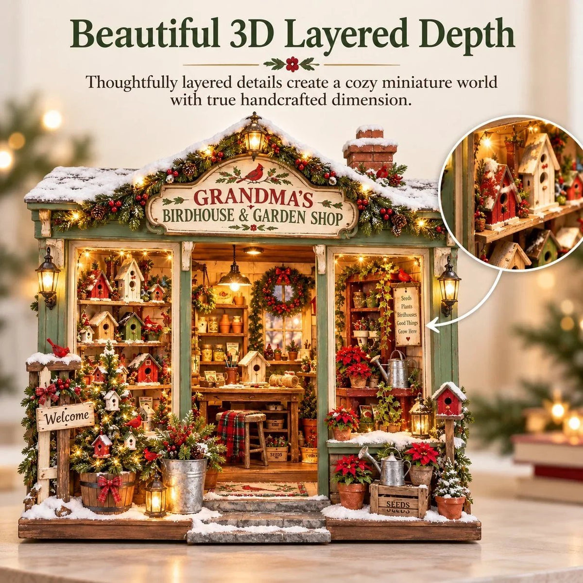 🐦 Grandma’s Birdhouse & Garden Shop DIY Miniature Kit – Light-Up Christmas Garden House