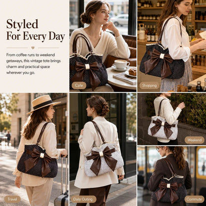 👜 Vintage Polka Dot Canvas Tote Bag for Women, Oversized Bow Shoulder Bag with Lace Trim