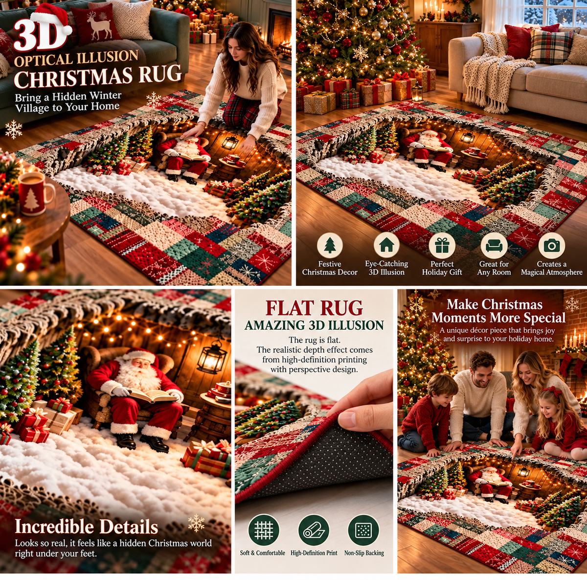 🎅3D Optical Illusion Christmas Village Rug – Hidden Santa Winter Wonderland ✨