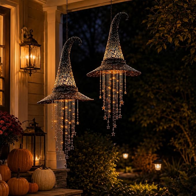 🔥LAST DAY 50% OFF-🪄Lighted Witch Hat Hanging Chime, Halloween Hanging Witch Hats with Lights